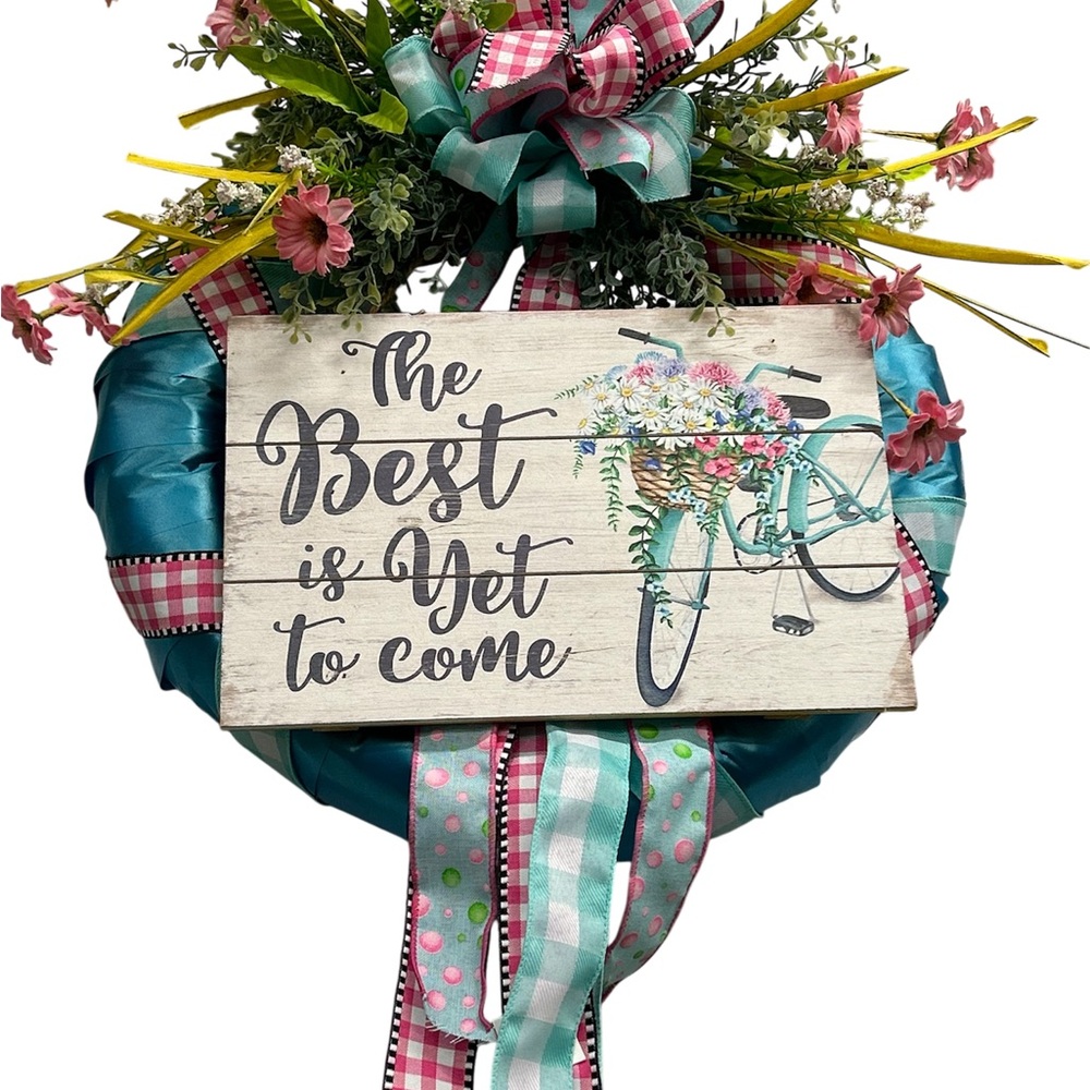 Inspirational Floral Bicycle Wreath with Pink and Green Accents